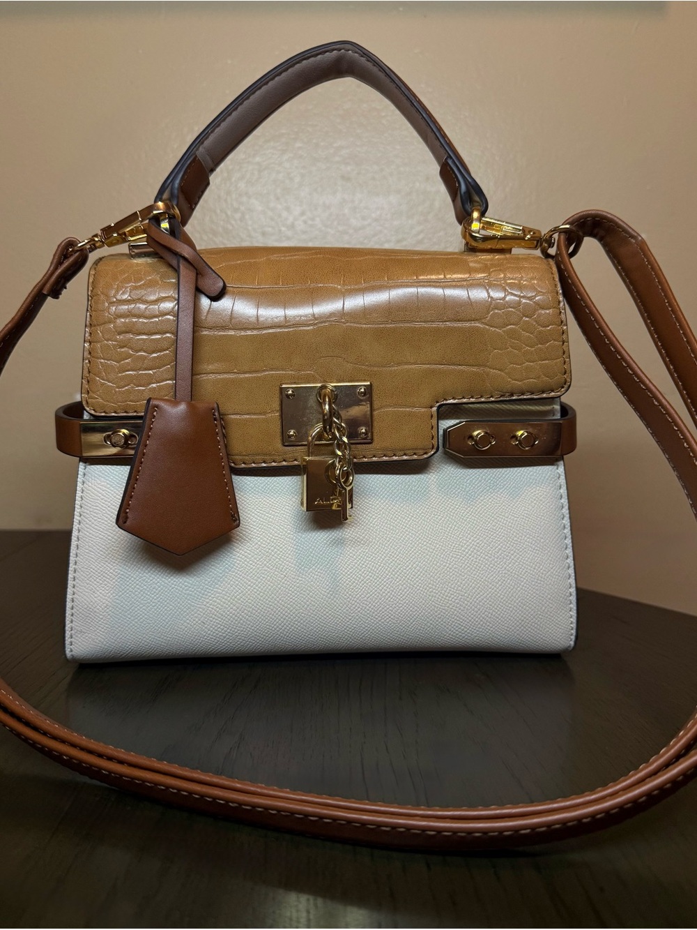 ALDO Colorblock Croc-Embossed Satchel Bag – Tan/Cream with Gold Hardware - Picture 3 of 9